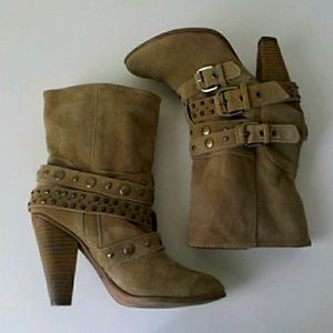 Franco Fortini 9M Suede Tan Booties Heels Buckle